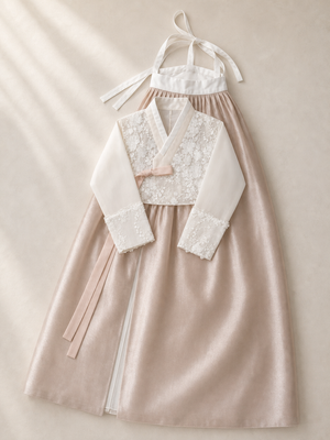 Ivory floral lace modern hanbok set with champagne blush satin skirt flat lay