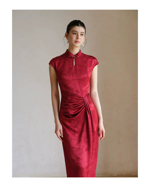 Ruby Red acetate jacquard pleated qipao dress shown as a polished modern red qipao dress, highlighting acetate jacquard, sculpted pleats and elegant Chinese dress silhouette.