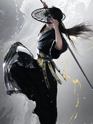 Ruthless Dao modern Hanfu black white Tai Chi outfit with shirt and mamian pants