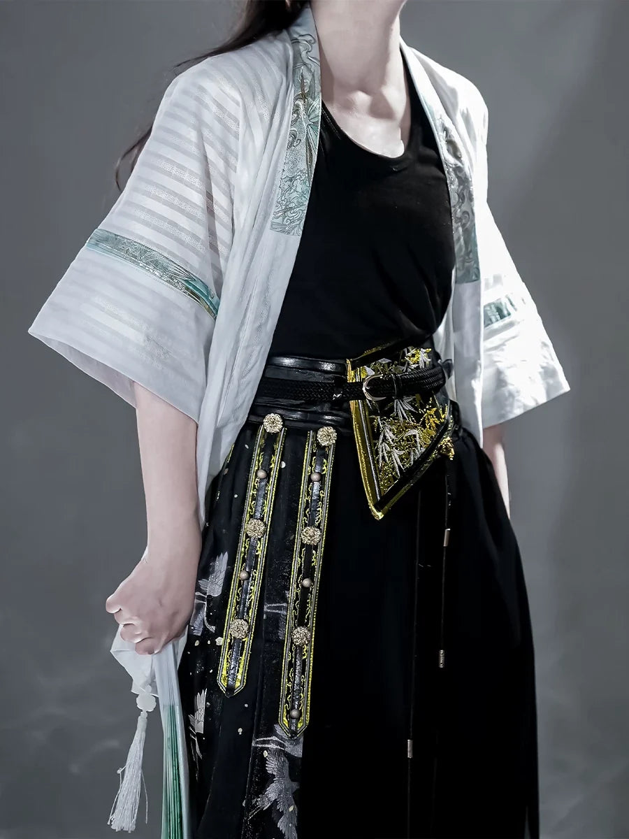 Black and gold modern Hanfu half arm shirt with mamian wide leg pants