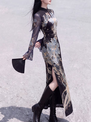 Side view of the black floral cheongsam showing its fitted waist