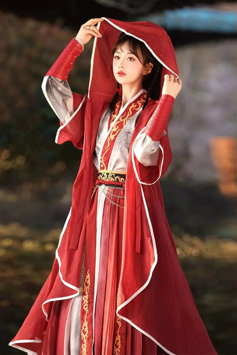 Red modern hanfu dress for women, blending traditional Song Dynasty elegance with contemporary style. Crafted from luxurious silk, this hanfu includes an optional matching coat or jacket, making it suitable for winter, casual outings, or formal occasions like graduations. Available at our online hanfu shop, offering a range of authentic hanfu for sale, this piece combines the beauty of classic Chinese clothing with modern fashion elements from top Chinese brands. Perfect for anyone looking for where to buy