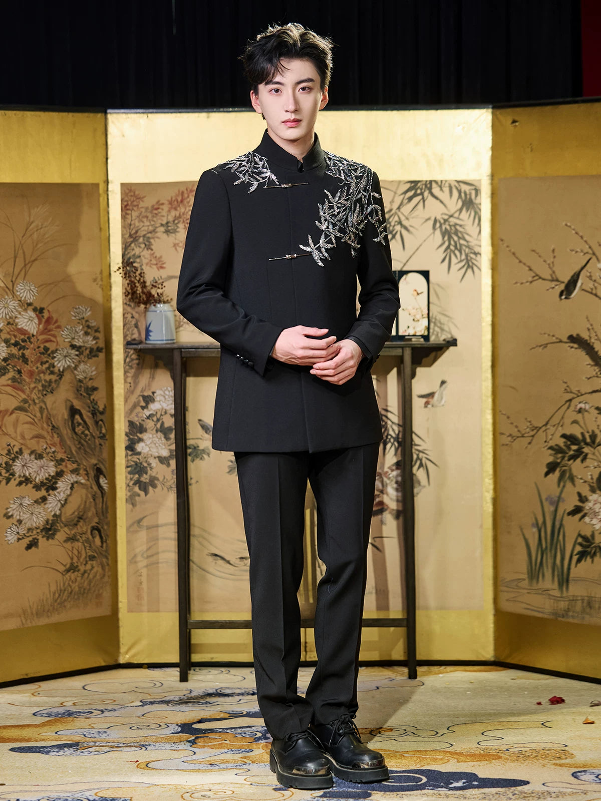 Silver Bamboo Black Chinese Groom Suit on the original model