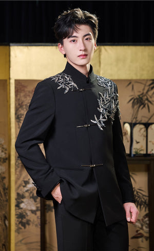 Silver Bamboo Black Chinese Groom Suit â Three-quarter view of the groom suit