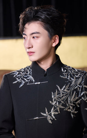 Silver Bamboo Black Chinese Groom Suit â Portrait showing collar and silver bamboo details
