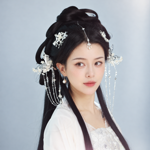 Silver-tone floral and butterfly hair accessories with beaded tassels, model styling view 04