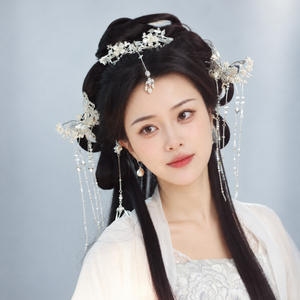 Silver-tone floral and butterfly hair accessories with beaded tassels, model styling view 07