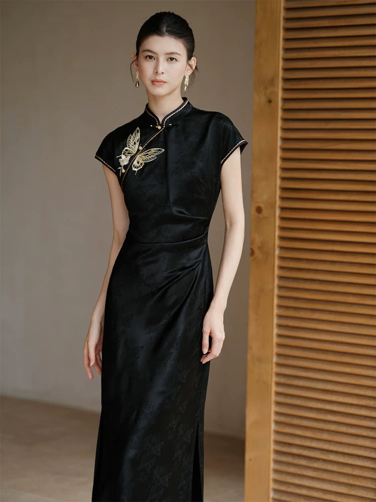 Smoke-Ink black acetate embroidered long qipao dress shown as a polished black qipao dress, highlighting acetate sheen, refined embroidery and long modern cheongsam silhouette.