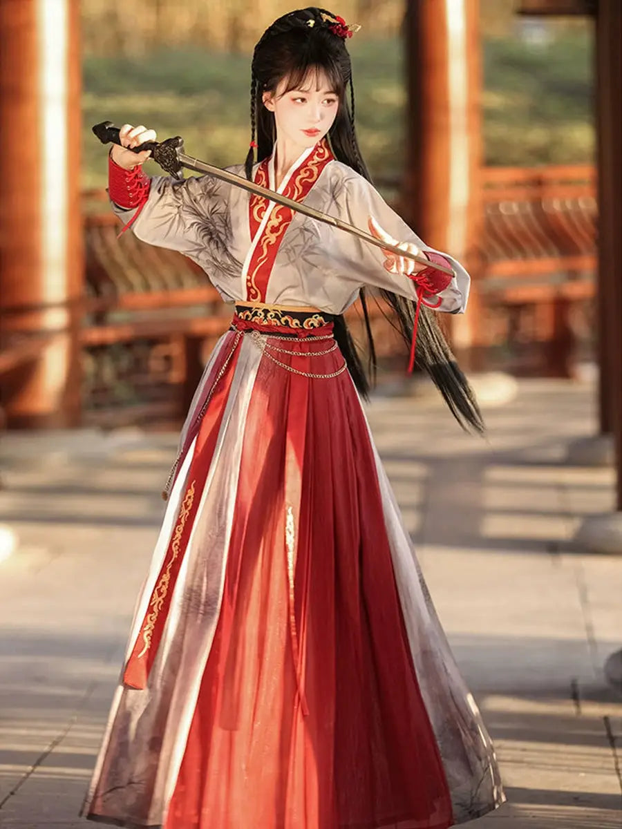 Red modern hanfu dress for women, blending traditional Song Dynasty elegance with contemporary style. Crafted from luxurious silk, this hanfu includes an optional matching coat or jacket, making it suitable for winter, casual outings, or formal occasions like graduations. Available at our online hanfu shop, offering a range of authentic hanfu for sale, this piece combines the beauty of classic Chinese clothing with modern fashion elements from top Chinese brands. Perfect for anyone looking for where to buy