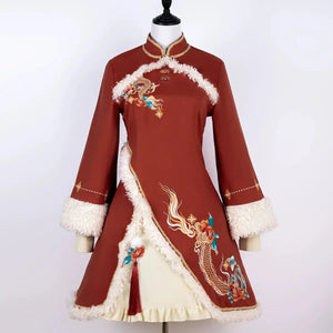 Ode to Longchun Chinese Style Long Cloak Improved Han Element New Year Red New Year's Cloak Long Sleeve Dress - Yandan_Hanfu