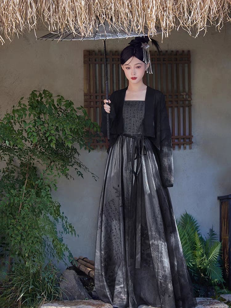 Black Featuring a diverse collection of Hanfu styles, this display presents a blend of traditional and modern elements, from the intricate embroidery of classic Hanfu to contemporary menswear. The assortment includes authentic Tang Dynasty dresses and detailed Ming Dynasty Hanfu, alongside luxurious royal attire and scholar officials' outfits. With a special emphasis on men's Hanfu, the exhibit highlights the rich cultural tapestry of traditional Asian clothing and modern, Asian-inspired fashion