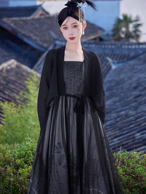 Black Featuring a diverse collection of Hanfu styles, this display presents a blend of traditional and modern elements, from the intricate embroidery of classic Hanfu to contemporary menswear. The assortment includes authentic Tang Dynasty dresses and detailed Ming Dynasty Hanfu, alongside luxurious royal attire and scholar officials' outfits. With a special emphasis on men's Hanfu, the exhibit highlights the rich cultural tapestry of traditional Asian clothing and modern, Asian-inspired fashion