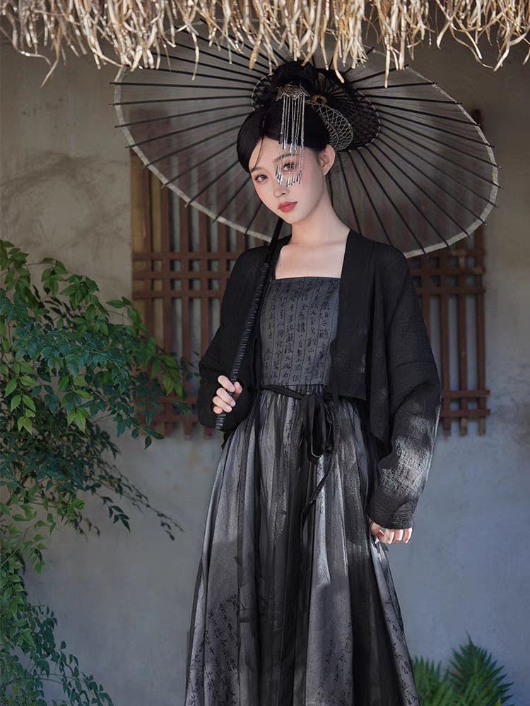 Black Featuring a diverse collection of Hanfu styles, this display presents a blend of traditional and modern elements, from the intricate embroidery of classic Hanfu to contemporary menswear. The assortment includes authentic Tang Dynasty dresses and detailed Ming Dynasty Hanfu, alongside luxurious royal attire and scholar officials' outfits. With a special emphasis on men's Hanfu, the exhibit highlights the rich cultural tapestry of traditional Asian clothing and modern, Asian-inspired fashion