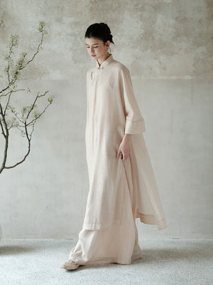 Tea Beige ramie long top and wide-leg pants set shown as a polished New Chinese Style outfit, highlighting breathable ramie layers, relaxed long top and fluid wide-leg trousers.