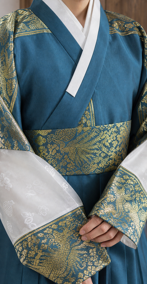Teal blue gold men's Korean hanbok gold brocade collar belt and sleeve detail