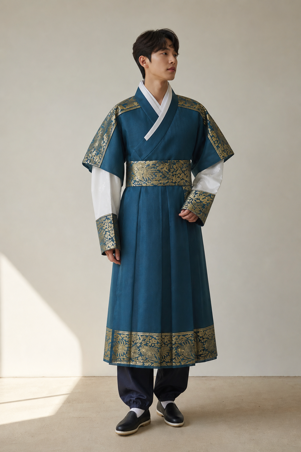 Teal blue gold men's Korean hanbok robe set full outfit with shorter robe length
