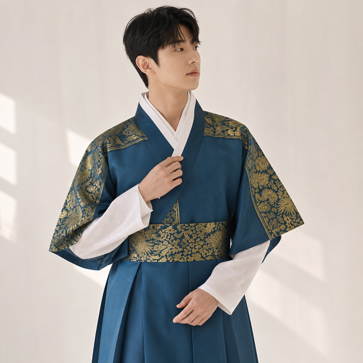 Teal blue gold men's Korean hanbok robe set modern product main image
