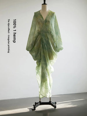 100% Ramie Modern Chinese Dress – Green Tie-Dye Print with Loose Silhouette & Camisole Layer - Yandan_Hanfu