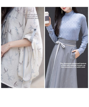 White Dew: Bamboo Shadows & Swallow Whispers – Jin-Style Hanfu Set | Tencel Pleated Robe with Rayon Camisole and Flowing Skirt - Yandan_Hanfu