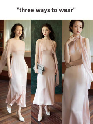 100% Acetate Mulberry Silk Modern Chinese Dress – Versatile Shawl Design, Off-Shoulder Summer Evening Gown - Yandan_Hanfu