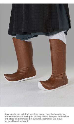 Brown Leather Hanfu Boots – Waterproof Traditional Men's Shoes | Ming & Song Dynasty Inspired Pointed-Toe Design - Yandan_Hanfu