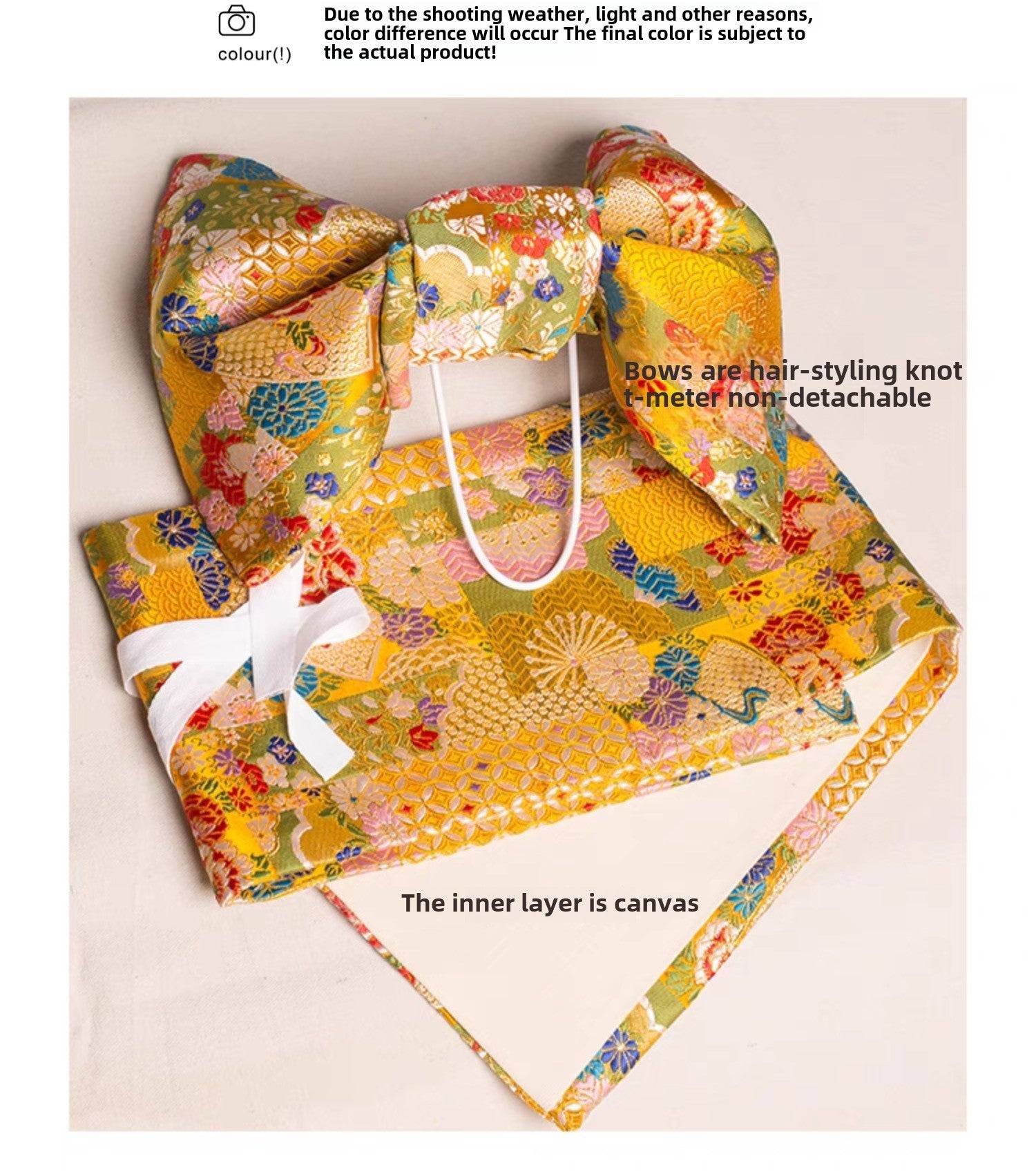 Complete set of yellow brocade bow belt with canvas inner layer, ideal for styling Japanese kimono waist seals and yukata.