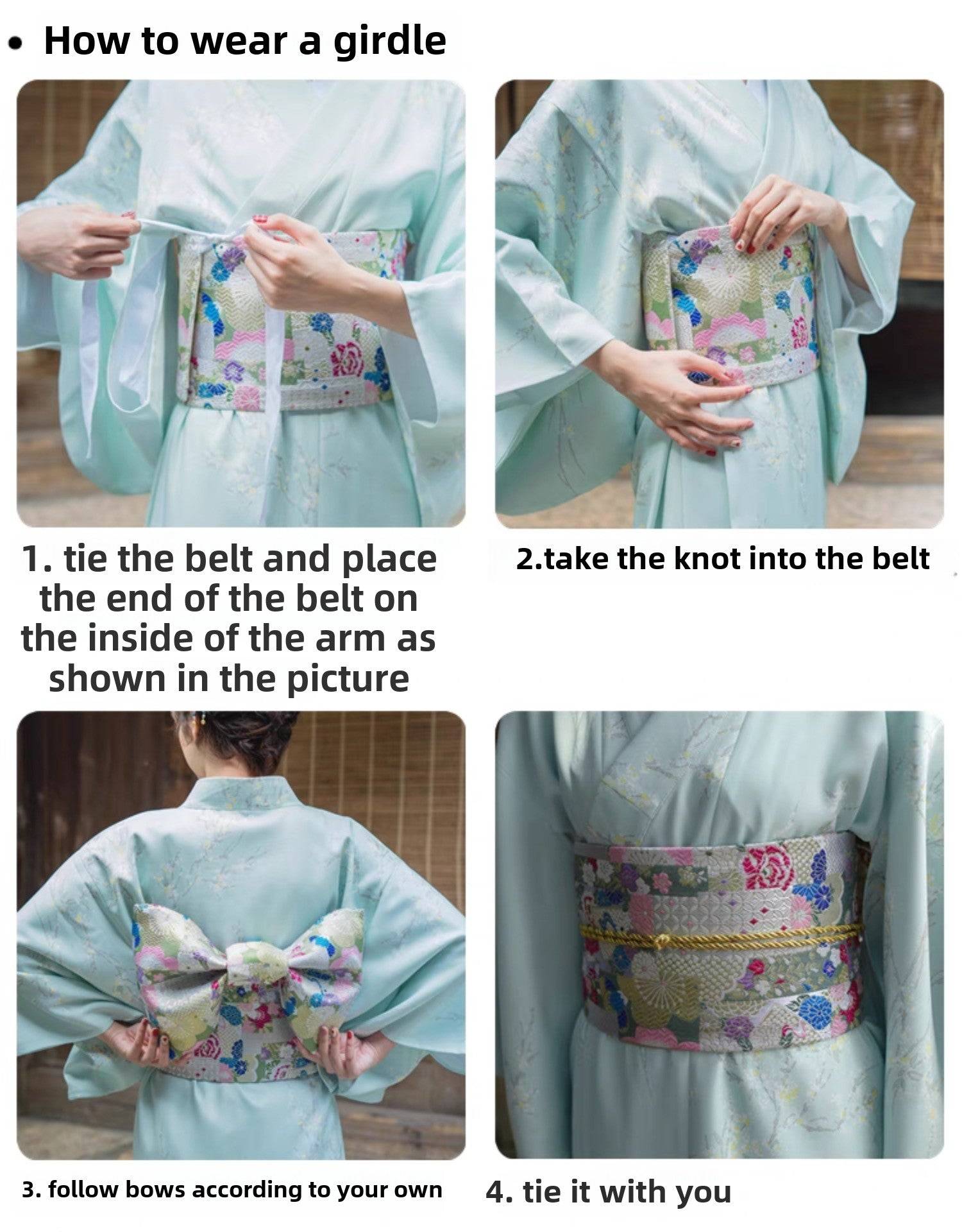 Step-by-step guide showing how to wear a Japanese kimono waist seal with brocade bow belt and styling knot.