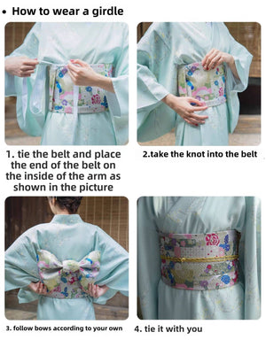 Step-by-step guide showing how to wear a Japanese kimono waist seal with brocade bow belt and styling knot.