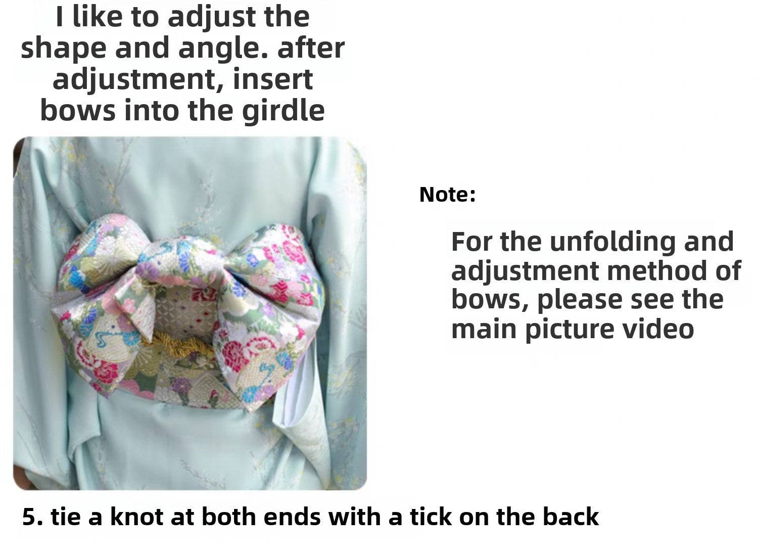 Instructions for adjusting and tying the brocade bow on a Japanese kimono waist seal for a perfect yukata fit.