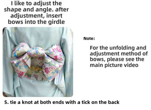 Instructions for adjusting and tying the brocade bow on a Japanese kimono waist seal for a perfect yukata fit.