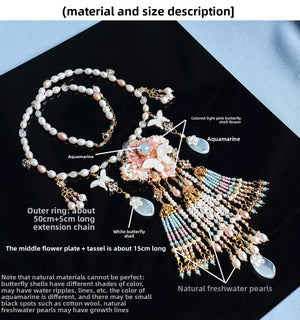 Butterfly Shell & Aquamarine Pearl Necklace – Hanfu Yingluo Accessory with Original Design - Yandan_Hanfu