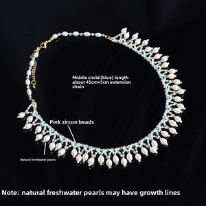 Butterfly Shell & Aquamarine Pearl Necklace – Hanfu Yingluo Accessory with Original Design - Yandan_Hanfu