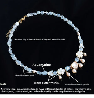 Butterfly Shell & Aquamarine Pearl Necklace – Hanfu Yingluo Accessory with Original Design - Yandan_Hanfu