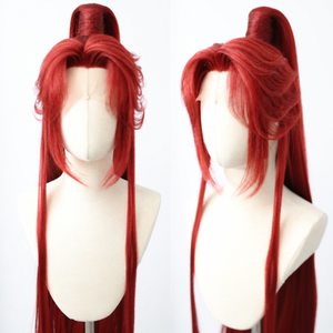 Warrior cosplay wig in red half up style, front and side views