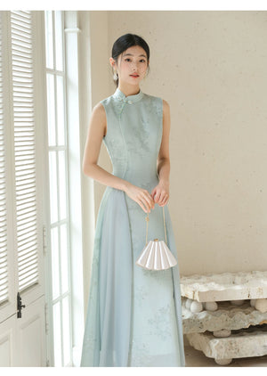 Close product view of the Water-Blue jacquard A-line qipao dress, focused on its Chinese-inspired design details.