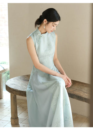 Three-quarter product view of the Water-Blue jacquard A-line qipao dress, a refined modern blue qipao dress for elegant occasions.