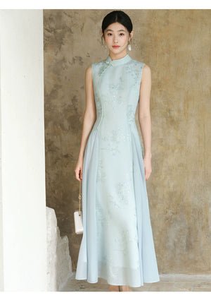 Detailed product image of the Water-Blue jacquard A-line qipao dress, showing fabric texture, finish and craftsmanship.