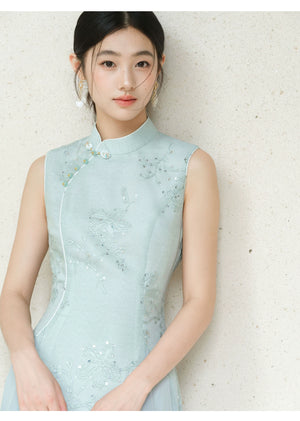 Silhouette and fit view of the Water-Blue jacquard A-line qipao dress, a contemporary modern blue qipao dress.