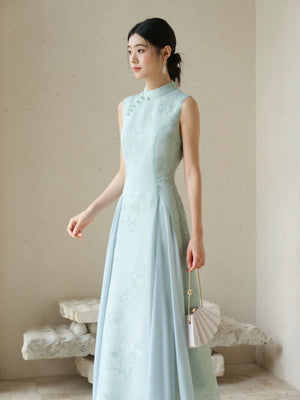 Front styling view of the Water-Blue jacquard A-line qipao dress, with jacquard texture, Chinese collar and graceful A-line cheongsam silhouette.
