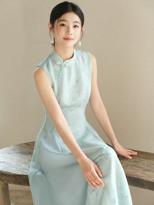 Three-quarter product view of the Water-Blue jacquard A-line qipao dress, a refined modern blue qipao dress for elegant occasions.