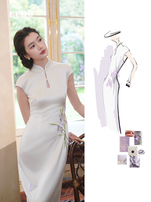 White bridal qipao with purple iris embroidery alongside a fashion sketch