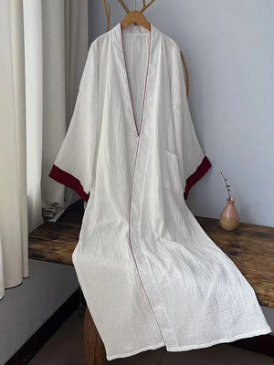 White two-layer cotton gauze robe with deep red trim styled as New Chinese loungewear