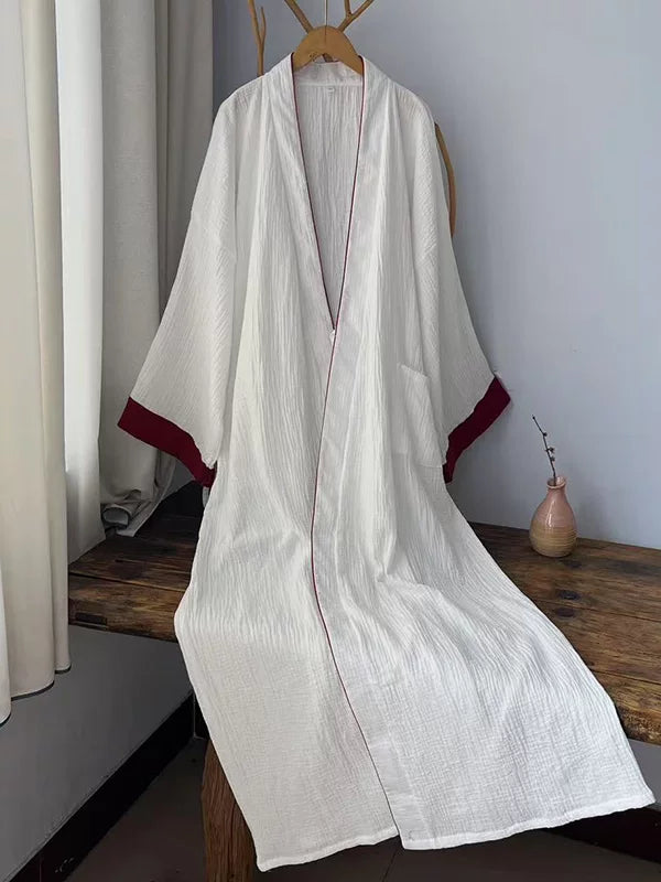 White two-layer cotton gauze robe with deep red trim styled as New Chinese loungewear