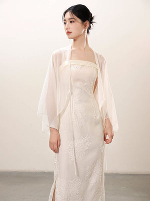 Three-quarter product view of the White embroidered slip dress and sheer outer layer, a refined white New Chinese Style outfit for elegant occasions.