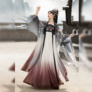 Women's Xuanniao Hanfu outfit with a white-to-burgundy skirt, dark bodice and gray flowing sleeves