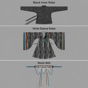 Component guide: black inner robe, wide-sleeve robe and decorated waist belt