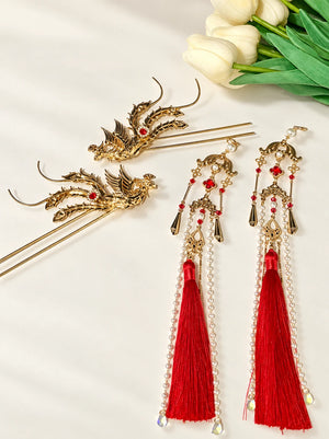 Phoenix feather hairpin with red tassels