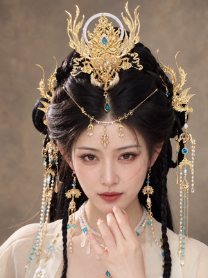 Xianyu phoenix crown with blue accents in a styled updo