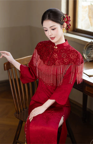 Yun Ying Red Bridal Cheongsam & Beaded Fringe Capelet — Seated view showing fringe capelet and dress
