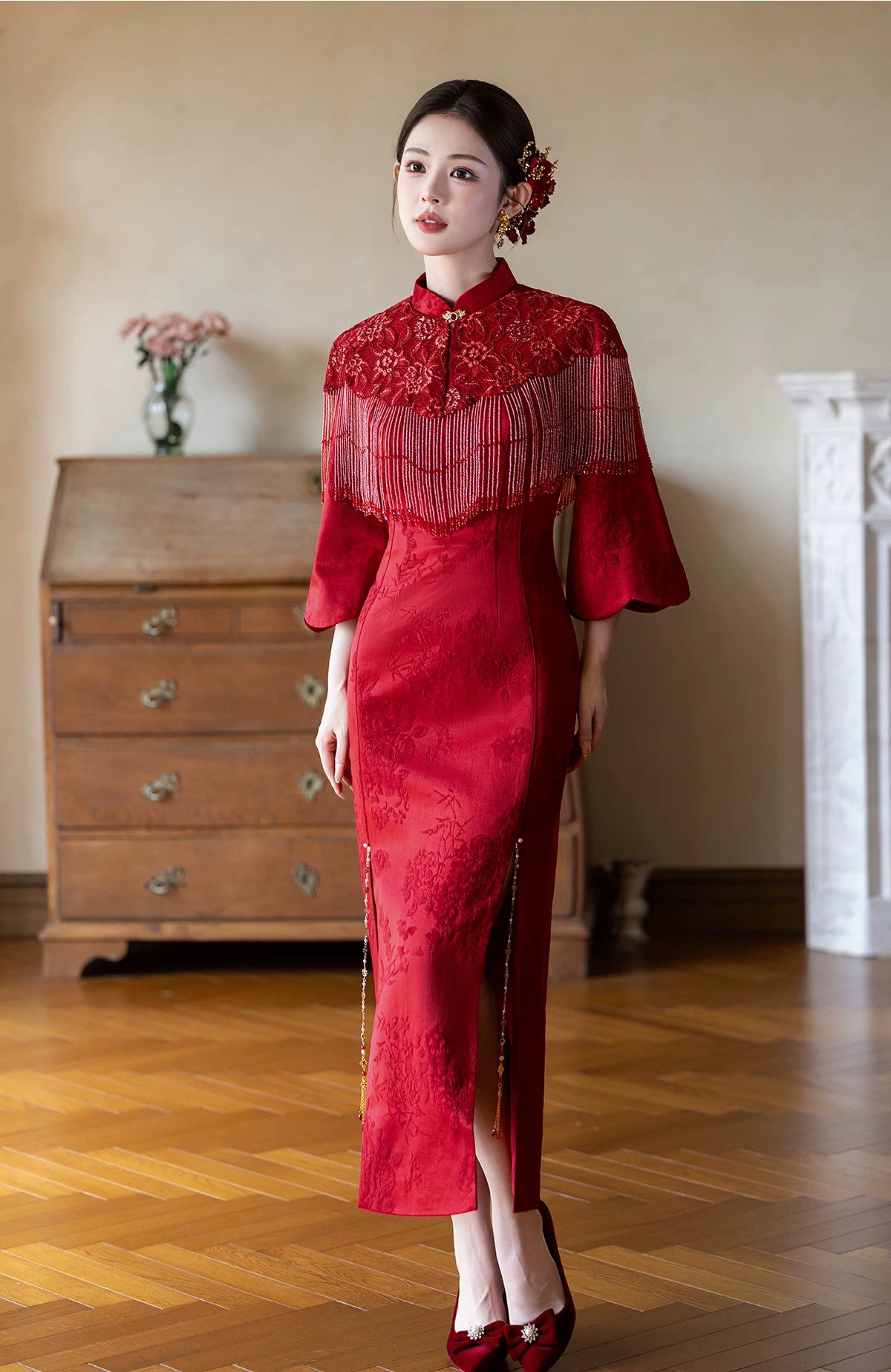 Yun Ying Red Bridal Cheongsam & Beaded Fringe Capelet — Full-length front view of the dress and capelet